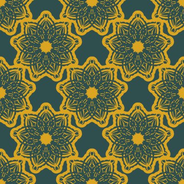Kaliteli süslemeli yeşil ve sarı desenli. Giysiler ve tekstil için iyi. Vektör illüstrasyonu.