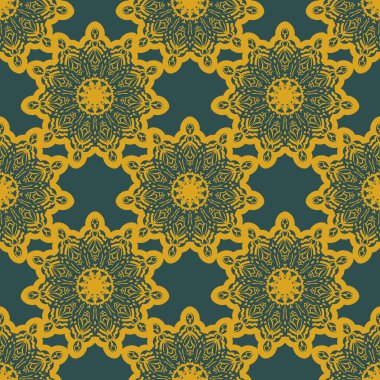 Kaliteli süslemeli yeşil ve sarı desenli. Giysiler ve tekstil için iyi. Vektör illüstrasyonu.