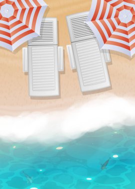 Mavi suyu, güneş panjurları ve şemsiyeleri olan gerçekçi kumlu bir sahil. Okyanus kıyısında. Vektör illüstrasyonu.