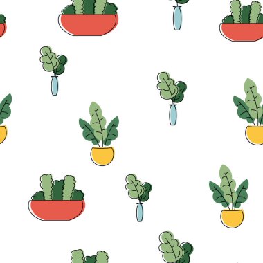 Parlak geometrik tarzda şirin tropikal ev bitkileriyle kusursuz desen