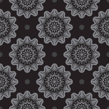 Şatafatlı dekoratif süslemeleri olan siyah-gri, pürüzsüz bir desen. Duvar resimleri, tekstil, kartpostallar ve parmak izleri için iyi. Vektör illüstrasyonu.