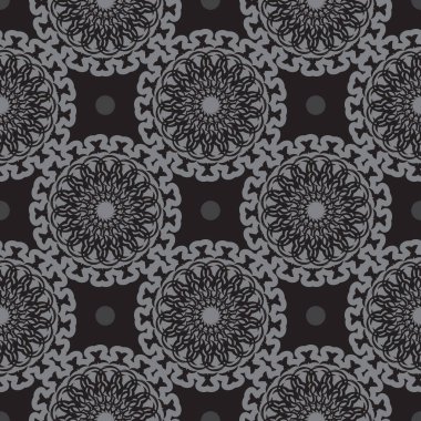 Şatafatlı dekoratif süslemeleri olan siyah-gri, pürüzsüz bir desen. Menüler, kartpostallar, duvar kağıtları, arka planlar ve kumaşlar için iyi. Vektör illüstrasyonu.