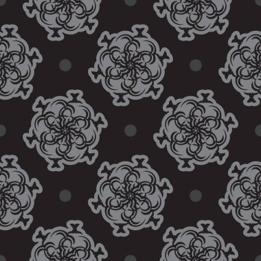 Şatafatlı dekoratif süslemeleri olan siyah-gri, pürüzsüz bir desen. Menüler, kartpostallar, duvar kağıtları, arka planlar ve kumaşlar için iyi. Vektör illüstrasyonu.