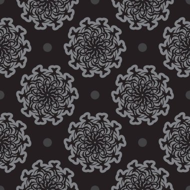 Şatafatlı dekoratif süslemeleri olan siyah-gri, pürüzsüz bir desen. Menüler, kartpostallar, duvar kağıtları, arka planlar ve kumaşlar için iyi. Vektör illüstrasyonu.