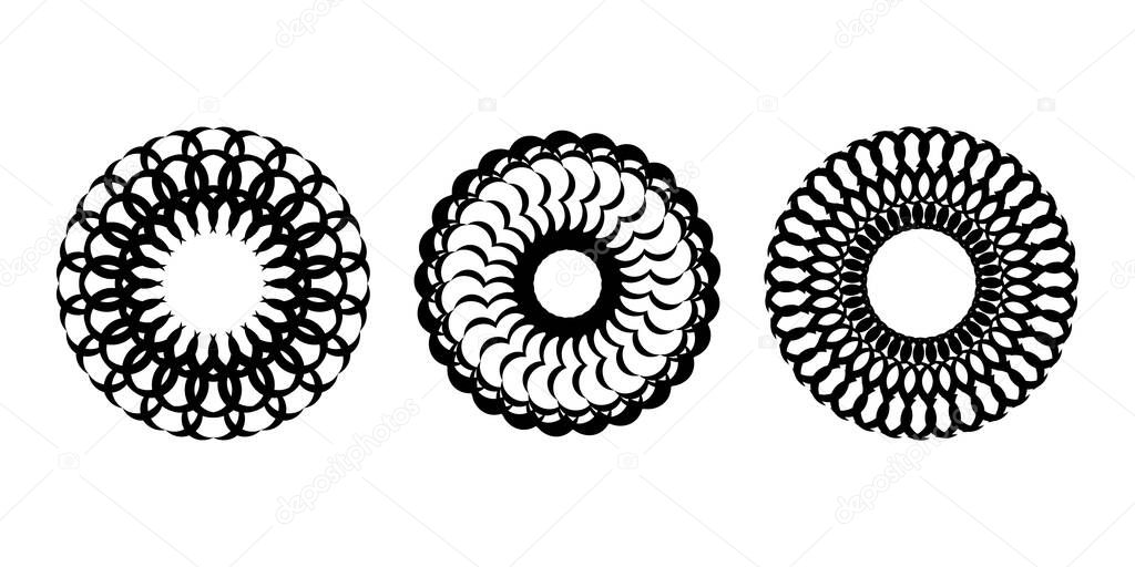 Set of decorative ornaments in the shape of a flower or mandala. Good for menus, prints and postcards. Vector illustration