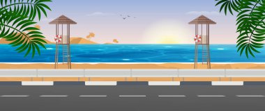 Deniz manzaralı. Sahildeki kurtarma kulesi. Turist gezisi. Denize giden yolun manzarası. Vektör illüstrasyonu.