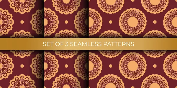 Set Burgundy Yellow Seamless Pattern Decorative Ornaments Vector Illustration — Stock Vector
