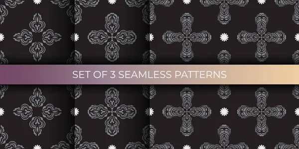 Set Aus Schwarz Grauen Nahtlosen Mustern Mit Luxuriösen Dekorativen Ornamenten — Stockvektor