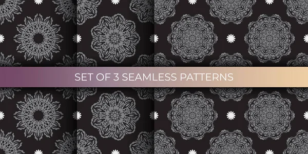 Set Aus Schwarz Grauen Nahtlosen Mustern Mit Luxuriösen Dekorativen Ornamenten — Stockvektor