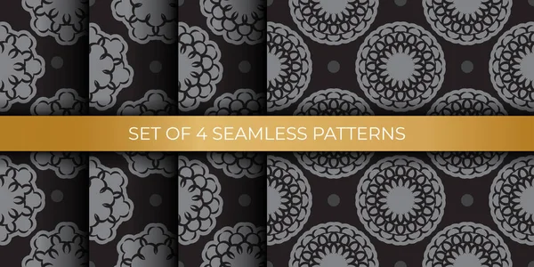 Set Van Zwart Grijs Naadloze Patronen Met Luxe Decoratieve Ornamenten — Stockvector