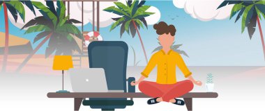 Bir adam ofis masasında oturur ve denizin hayalini kurar. Deniz manzaralı bir ofis. Çalışırken dinlenme kavramı. Vektör.