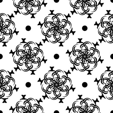 Black-white seamless pattern with vintage ornaments. Good for murals, textiles, postcards and prints. Vector illustration.