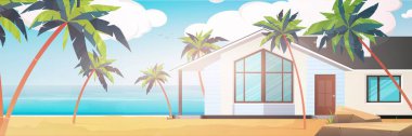 Mavi, temiz ve sakin bir denizde bir otel. Kumlu bir sahilde palmiye ağaçları olan bir villa. Yaz tatili kavramı. Vektör illüstrasyonu.