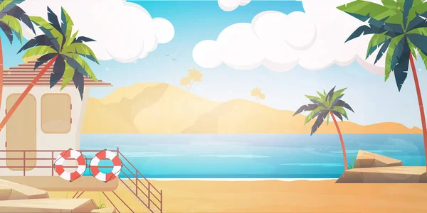 Пляж Рятувальним Пунктом Ілюстрація Літнього Острова Мультиплікаційному Стилі Векторні — стоковий вектор