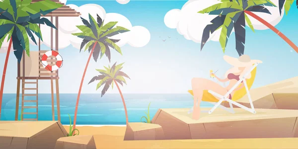 Young Beauty Girl Relaxing Cocktail Beach Vector Illustration — Stock Vector