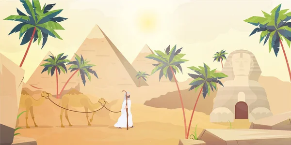 エジプトのピラミッドとスフィンクス 漫画風のサハラ砂漠 ベクターイラスト — ストックベクタ