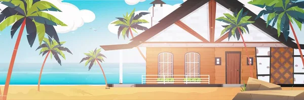 Hotel Blue Clean Calm Sea Villa Sandy Beach Palm Trees — Stock Vector