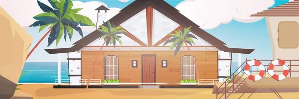 Готель Блакитному Чистому Спокійному Морі Вілла Піщаному Пляжі Пальмами Векторна — стоковий вектор