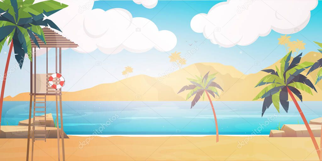 Beach with a rescue post. Summer island illustration in cartoon style. Vector.