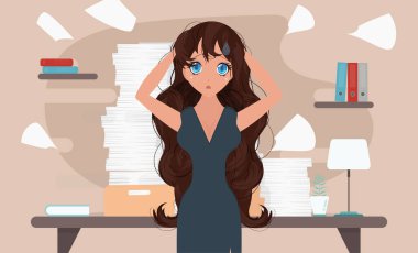 Baş ağrısı stres belirtileri ve yığın doküman vektör çizimi tasarımı olan kadın