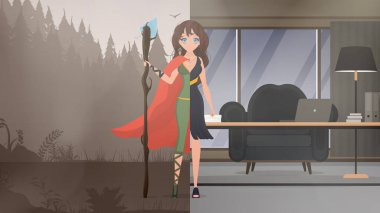 Süper kahraman gölgesi olan yönetici kadın. Güçlü iş kadını ve iş zaferi konsepti. Kadın süper kahraman, pelerinli kadın, iş kadını liderlik çizimi