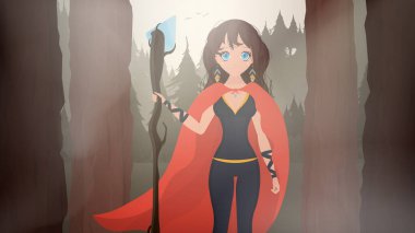 Yağmur ormanlarındaki Amazon kadını. Çizgi film tarzı. Vektör.