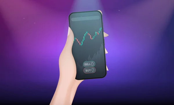 Hand Tient Téléphone Avec Des Tableaux Financiers Concept Trading Analytique — Image vectorielle