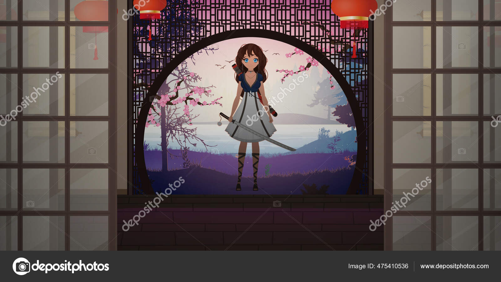 Girl Katana White Dress Japanese House Viranda Anime Samurai Woman Stock Vector Image By C Javvani 475410536