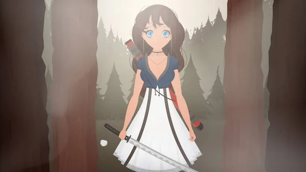 Chica Asiática Joven Vestido Blanco Con Una Espada Japonesa Tiene — Vector de stock