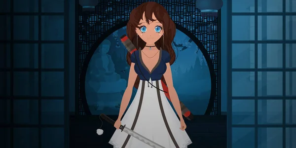 一个穿着白色连衣裙的女孩 穿着日本人的长袍 在日本的夜晚像个武士一样的女人卡通风格 矢量插图 — 图库矢量图片