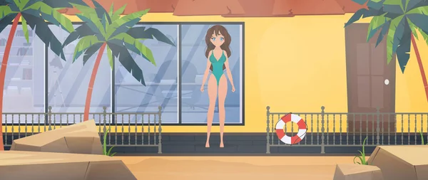 Uma Rapariga Fato Banho Posa Varanda Villa Mulher Anime Fato — Vetor de Stock