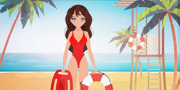 Beach Lifeguard Woman Beach Palm Trees Girl Red Swimsuit Cartoon — Stock Vector