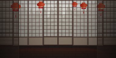 Ryokan. Japon tarzında boş bir Zen odası. Çizgi film tarzı. Vektör illüstrasyonu.