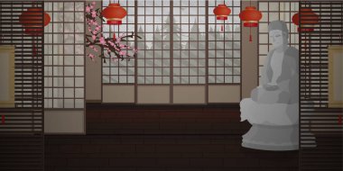 Ryokan. Japon tarzında boş bir Zen odası. Buda heykeli de var. Çizgi film tarzı. Vektör illüstrasyonu.