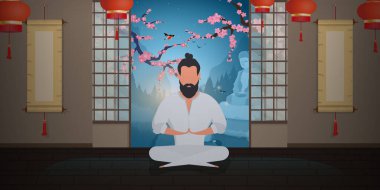 Tapınaktaki Budist keşiş yoga yapıyor ya da meditasyon yapıyor. Çizgi film tarzı. Vektör.