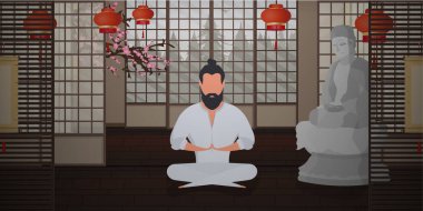 Tapınaktaki Budist keşiş yoga yapıyor ya da meditasyon yapıyor. Çizgi film tarzı. Vektör.