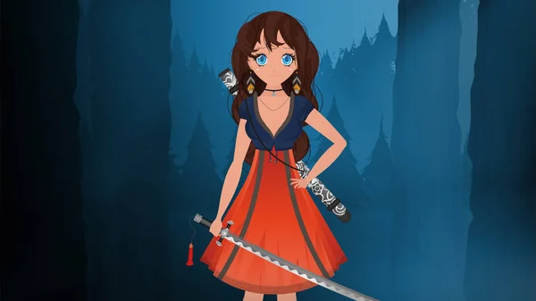 Mädchen Mit Einer Katana Einem Blau Roten Kleid Anime Samurai — Stockvektor