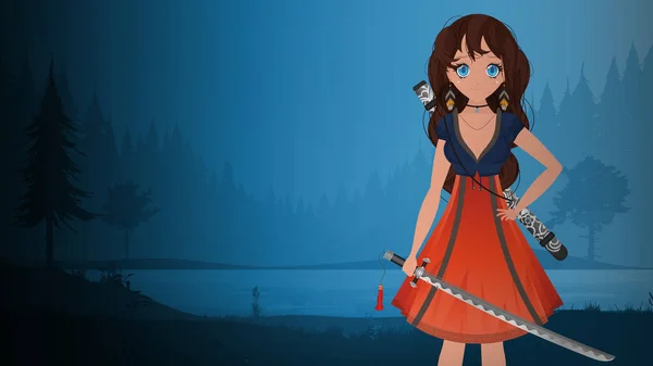 Mädchen Mit Einer Katana Einem Blau Roten Kleid Anime Samurai — Stockvektor