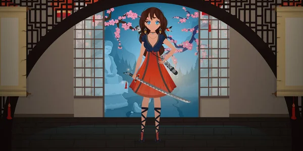 青と赤のドレスのカターナを着た女の子 日本の部屋でアニメの侍の女性 漫画風 ベクトルイラスト — ストックベクタ