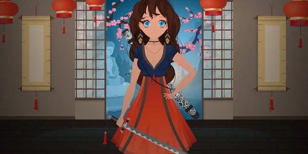 Mädchen Mit Einer Katana Einem Blau Roten Kleid Anime Samurai — Stockvektor
