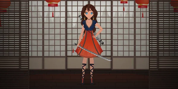 Дівчинка Катаною Синьо Червоній Сукні Стоїть Японській Кімнаті Аніме Самурай — стоковий вектор