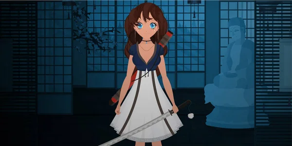 Ένα Κορίτσι Κατάνα Μπλε Και Άσπρο Φόρεμα Στέκεται Νύχτα Ένα — Διανυσματικό Αρχείο