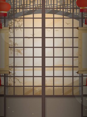 Ryokan. Japon tarzında boş bir Zen odası. Çizgi film tarzı. Yatay pankart. Vektör illüstrasyonu