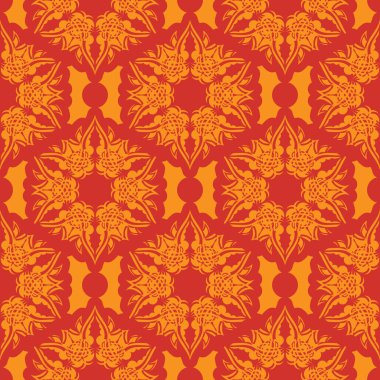 Lüks, klasik, dekoratif süslemeli kırmızı-turuncu desenli. Geçmişleri, parmak izleri, giyim ve tekstil için iyi. Vektör illüstrasyonu.
