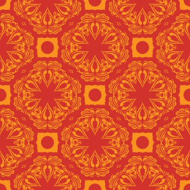 Lüks, klasik, dekoratif süslemeli kırmızı-turuncu desenli. Geçmişleri, parmak izleri, giyim ve tekstil için iyi. Vektör illüstrasyonu.