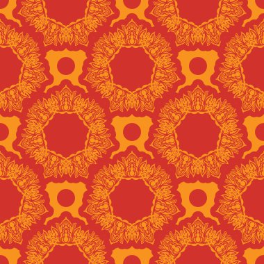 Lüks, klasik, dekoratif süslemeli kırmızı-turuncu desenli. Duvar resimleri, tekstil, kartpostallar ve parmak izleri için iyi. Vektör illüstrasyonu.