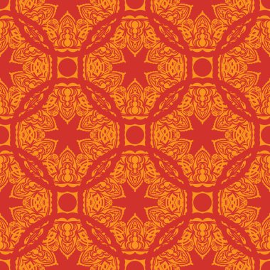 Lüks, klasik, dekoratif süslemeli kırmızı-turuncu desenli. Menüler, kartpostallar, duvar kağıtları ve kumaşlar için iyidir. Vektör illüstrasyonu.