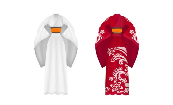 Μακρύ Κόκκινο Και Λευκό Μεταξωτό Κιμονό Καλοκαιρινό Κιμονό Μεταξωτά Ρούχα — Διανυσματικό Αρχείο