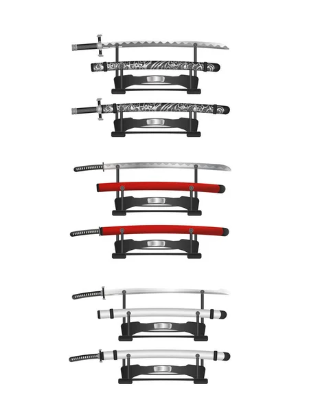 Катана Японский Меч Реалистического Стиля Набор Иллюстраций Самурайское Оружие Катана — стоковый вектор