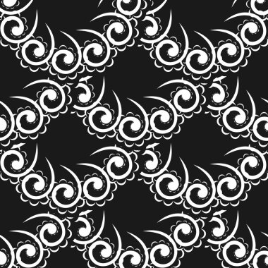 Barok tarzında bir duvar kağıdı. Siyah ve beyaz çiçek elementleri. Duvar kağıdı, kumaş, ambalaj, ambalaj için grafiksel süs. Damask çiçek süsü.